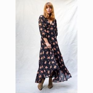 Free People / sea glass midi dress black floral combo